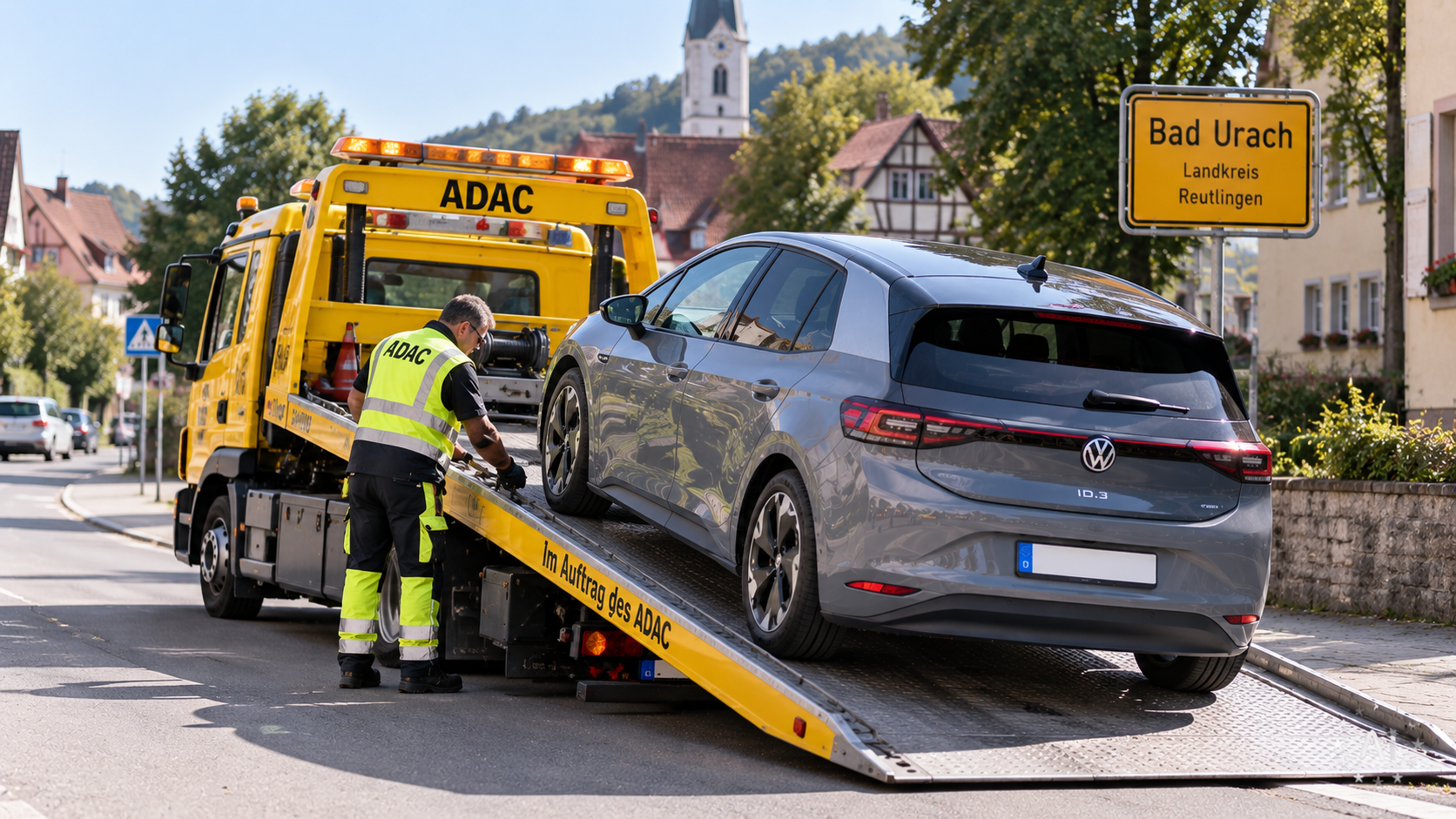 Elektroauto wird auf einen Abschleppwagen mit Plattform verladen statt geschleppt