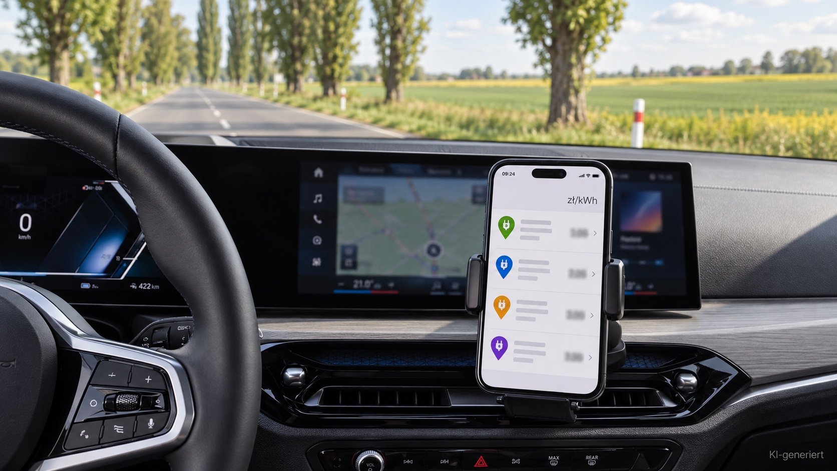 Smartphone auf einem Armaturenbrett zeigt eine Ladepreis-Übersicht, im Hintergrund eine polnische Landstraße