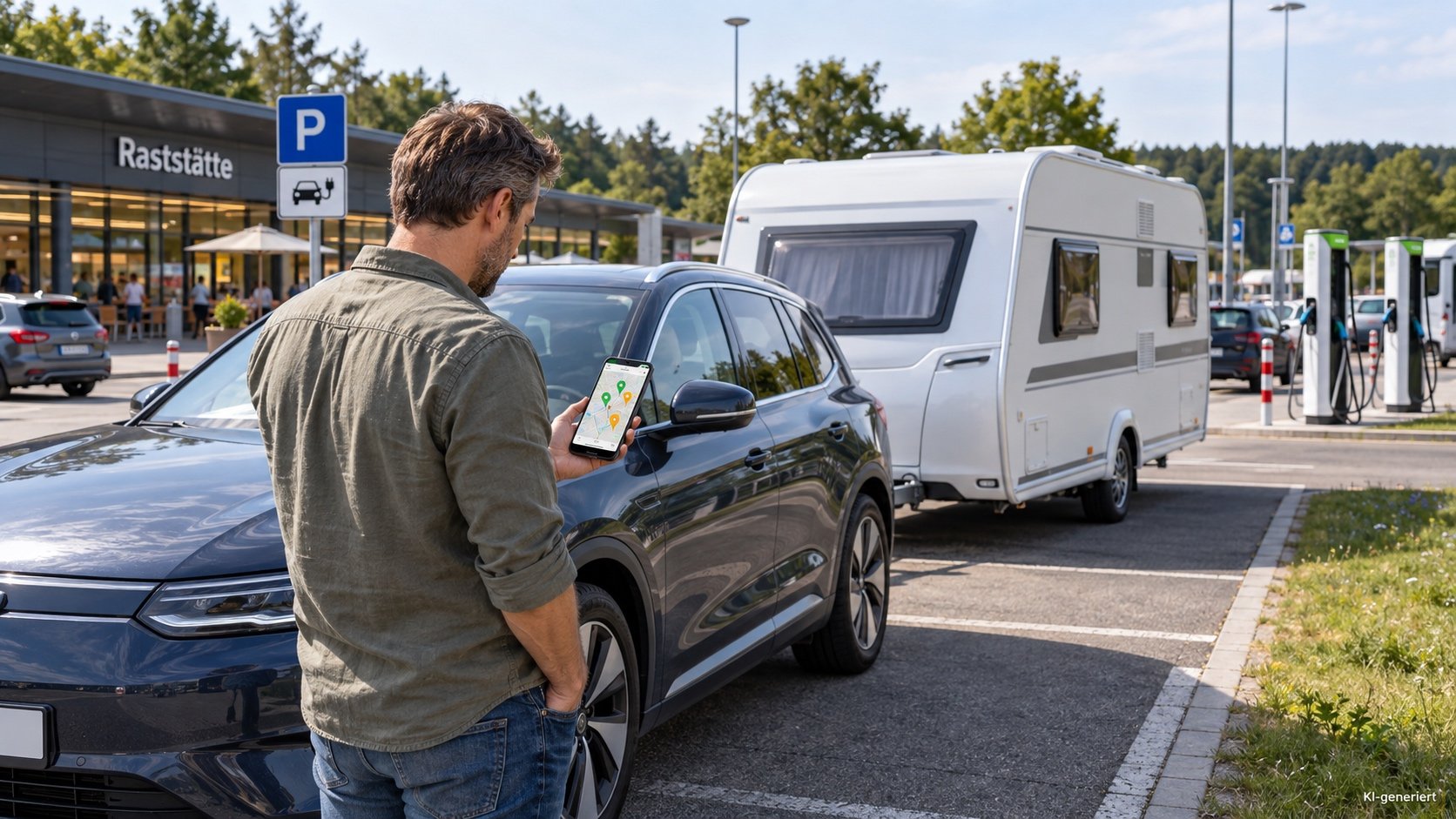 Person pr&uuml;ft auf dem Smartphone die Verf&uuml;gbarkeit einer Lades&auml;ule vor der Weiterfahrt mit Wohnwagen