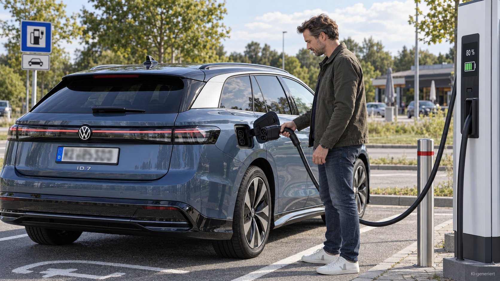 Fahrer zieht den Ladestecker bei 80 Prozent Ladestand am Schnelllader ab