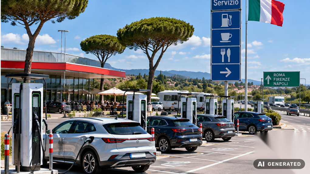 E-Auto an einem Schnellladepark einer italienischen Autobahn-Rastst&auml;tte im Sommer