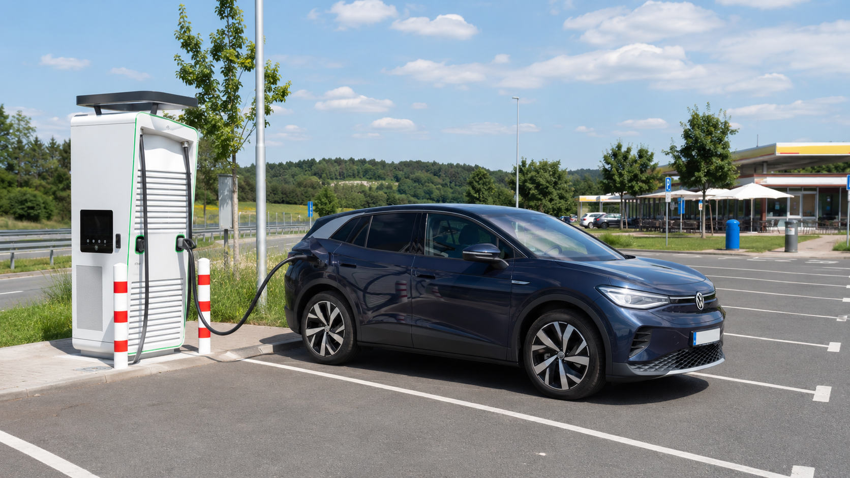 E-Auto beim DC-Schnellladen an einem Autobahn-Rastplatz – auf der Langstrecke bis 80 Prozent laden