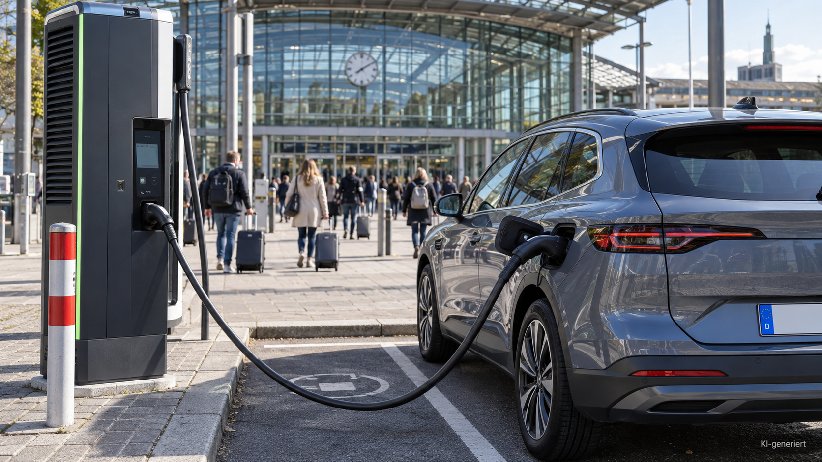 E-Auto lädt an einem DC-Schnelllader am Bahnhofsvorplatz, Reisende mit Koffer im Hintergrund