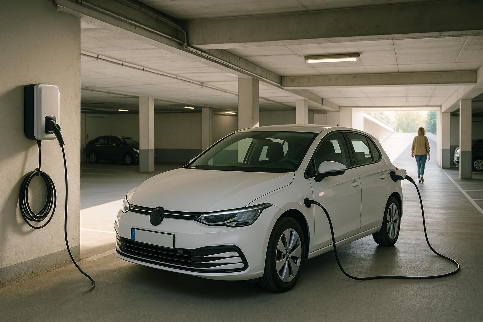 E-Auto l&auml;dt im Sommer in einer k&uuml;hlen Tiefgarage an einer Wandladestation