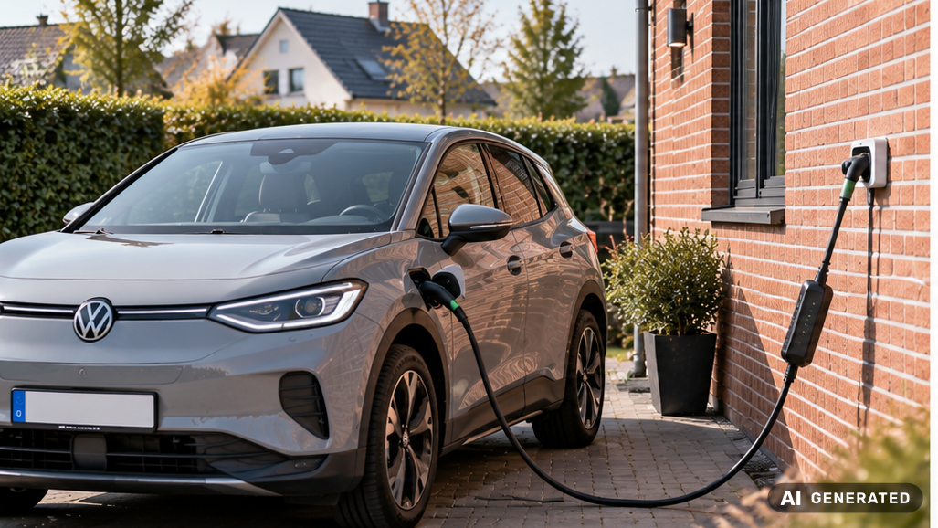 E-Auto lädt mit Notladekabel an der Außensteckdose eines Wohnhauses