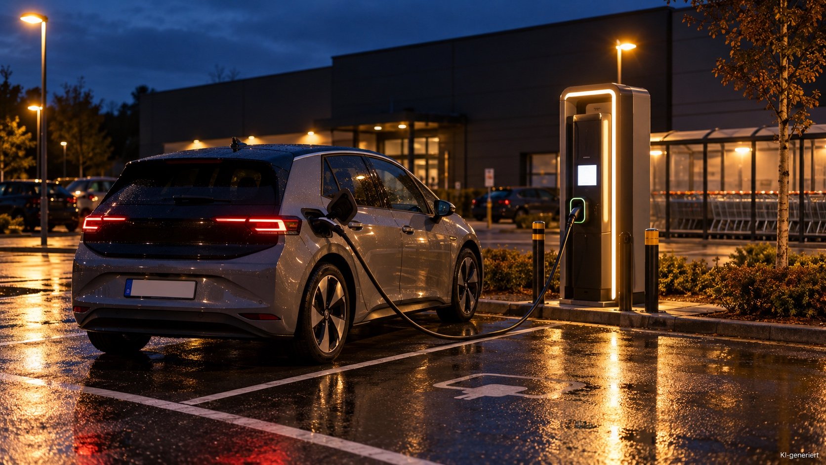 E-Auto l&auml;dt am Abend an einer beleuchteten Lades&auml;ule vor einem Supermarkt