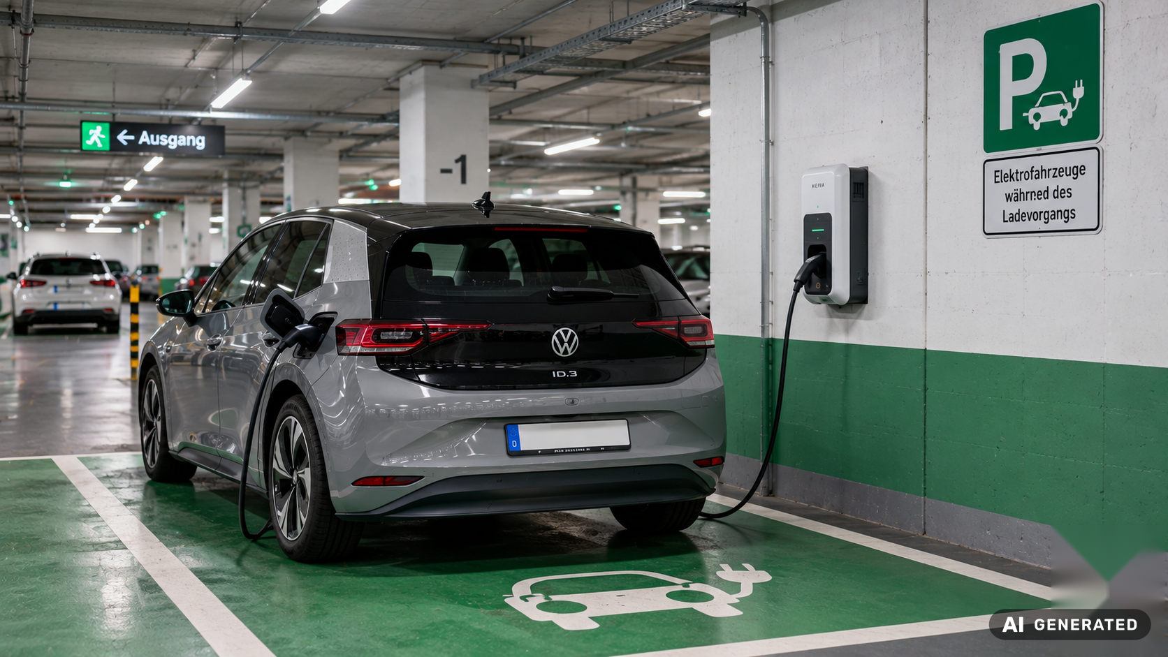 E-Auto lädt an einer Wandladestation in einer hellen Tiefgarage