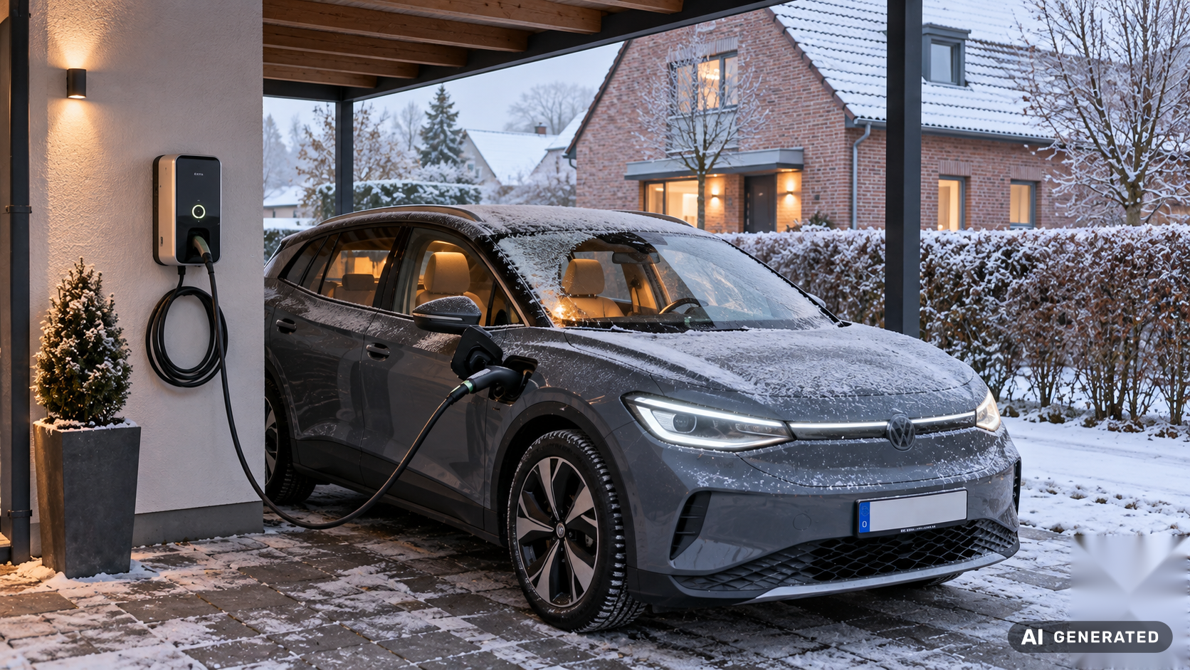 E-Auto h&auml;ngt im Winter an einer Wallbox und wird vorgeheizt