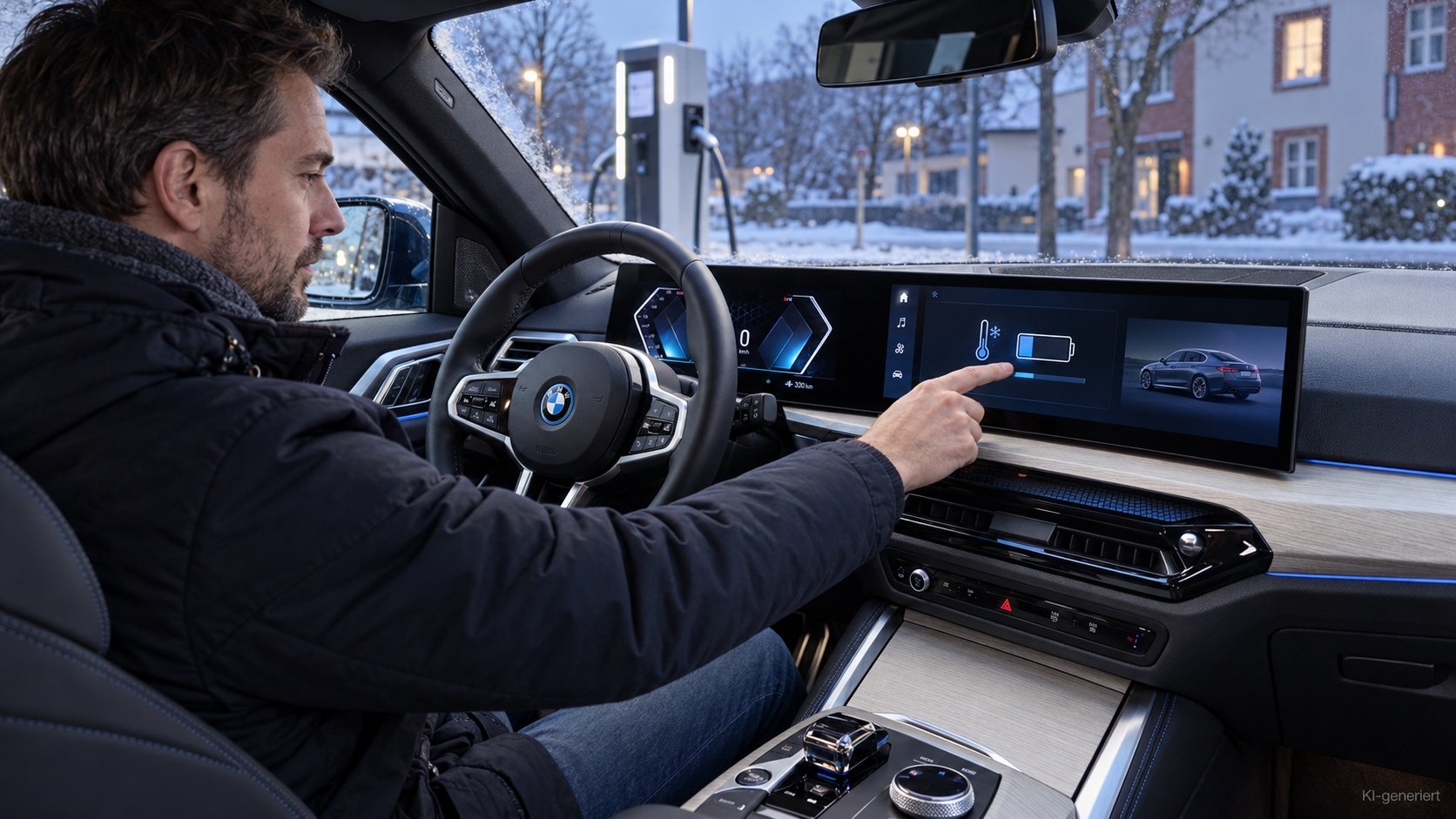 E-Auto l&auml;dt im Winter langsam, Fahrer pr&uuml;ft die Vorkonditionierung am Fahrzeugdisplay