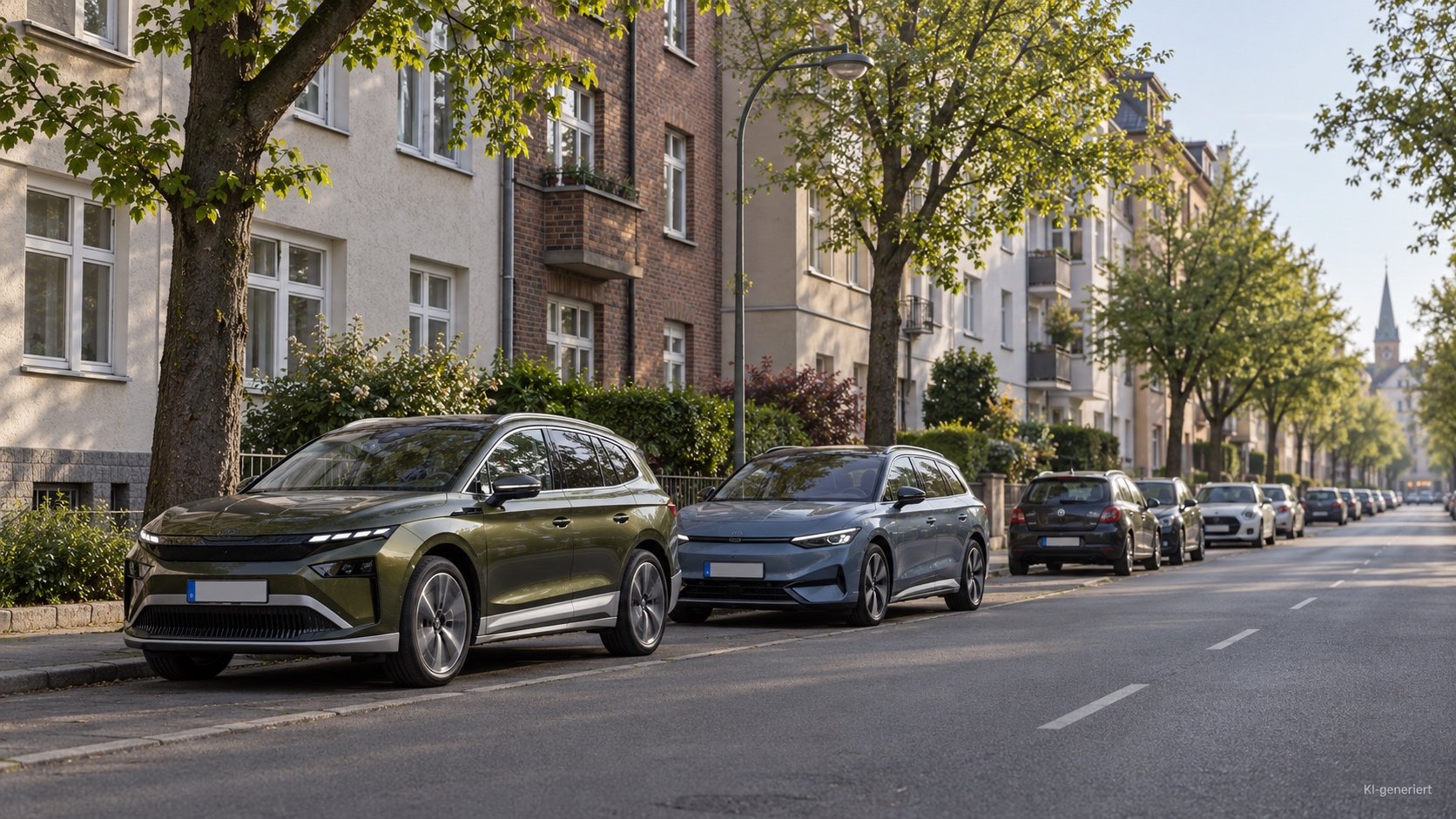 Geparkte E-Autos in einer deutschen Wohnstra&szlig;e ohne private Ladem&ouml;glichkeit