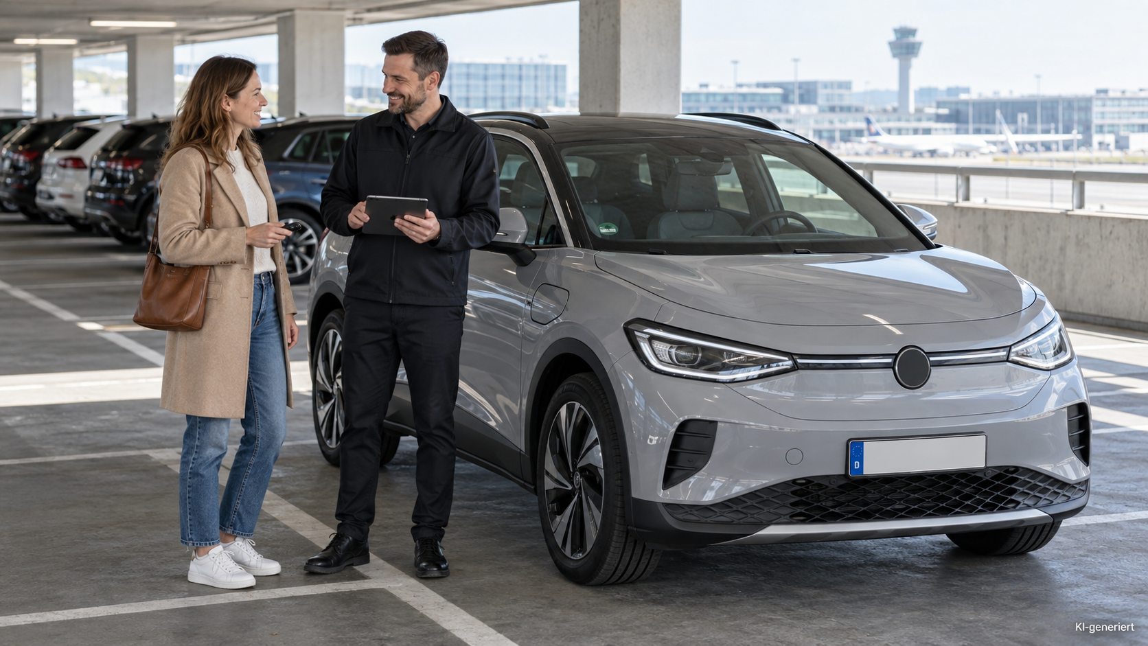 &Uuml;bergabe eines Elektro-Mietwagens im Parkhaus, Ladestand wird im Protokoll festgehalten