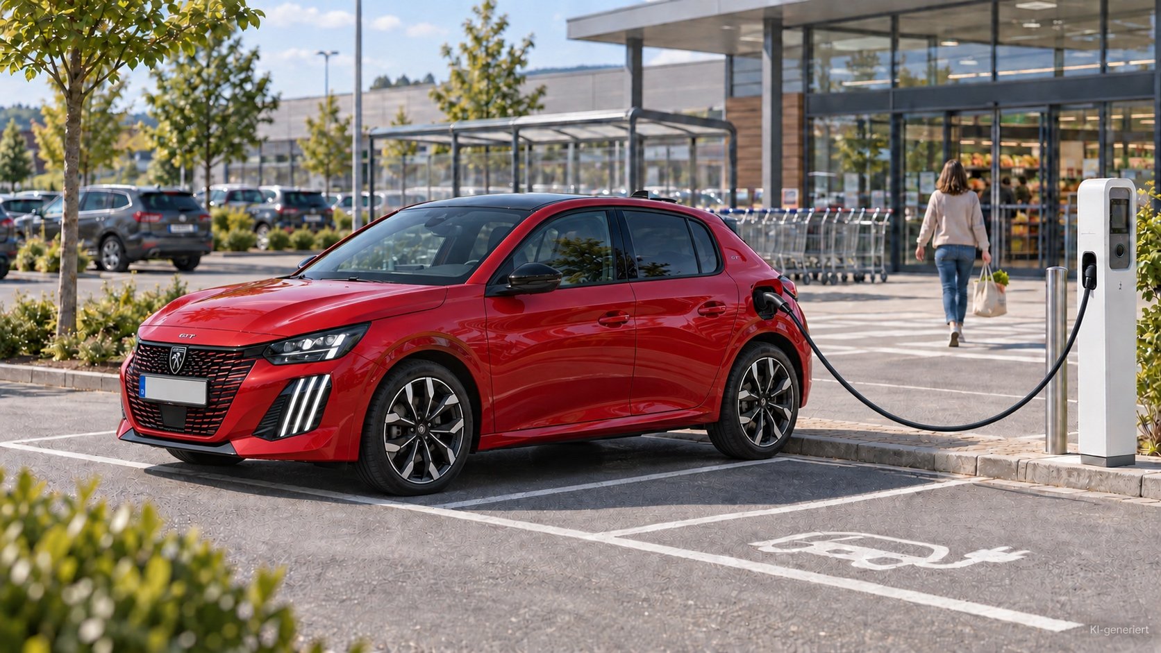 Elektroauto l&auml;dt am Supermarktparkplatz, w&auml;hrend der Fahrer einkauft