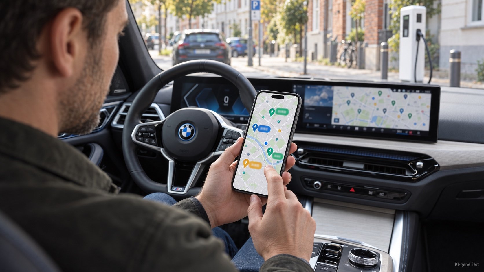Smartphone mit Kartenansicht zeigt Preis einer Lades&auml;ule vor der Ankunft