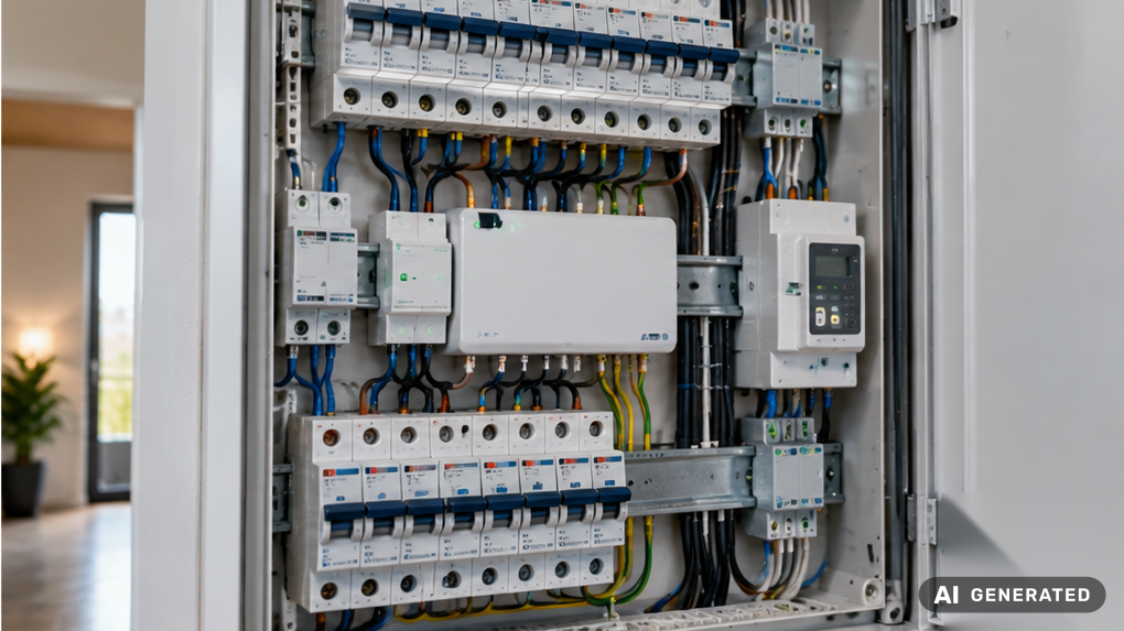 Energiemanager im Z&auml;hlerschrank eines Wohnhauses neben Sicherungsautomaten