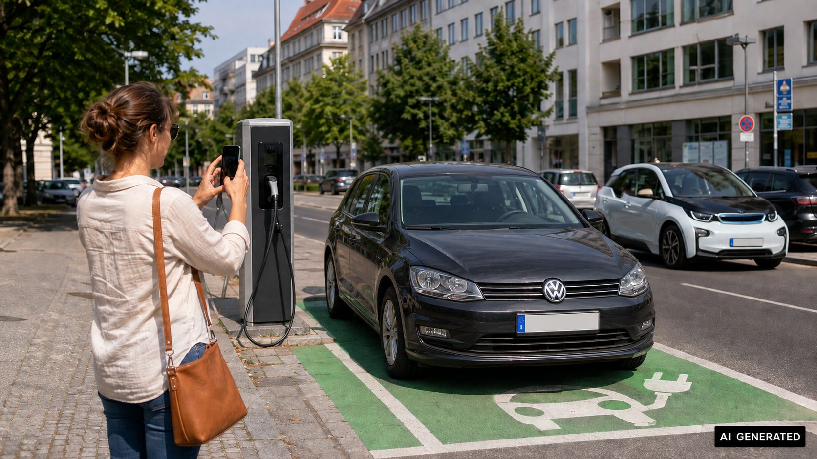 E-Auto-Fahrerin fotografiert einen zugeparkten Ladeplatz mit dem Smartphone, um den Falschparker zu melden