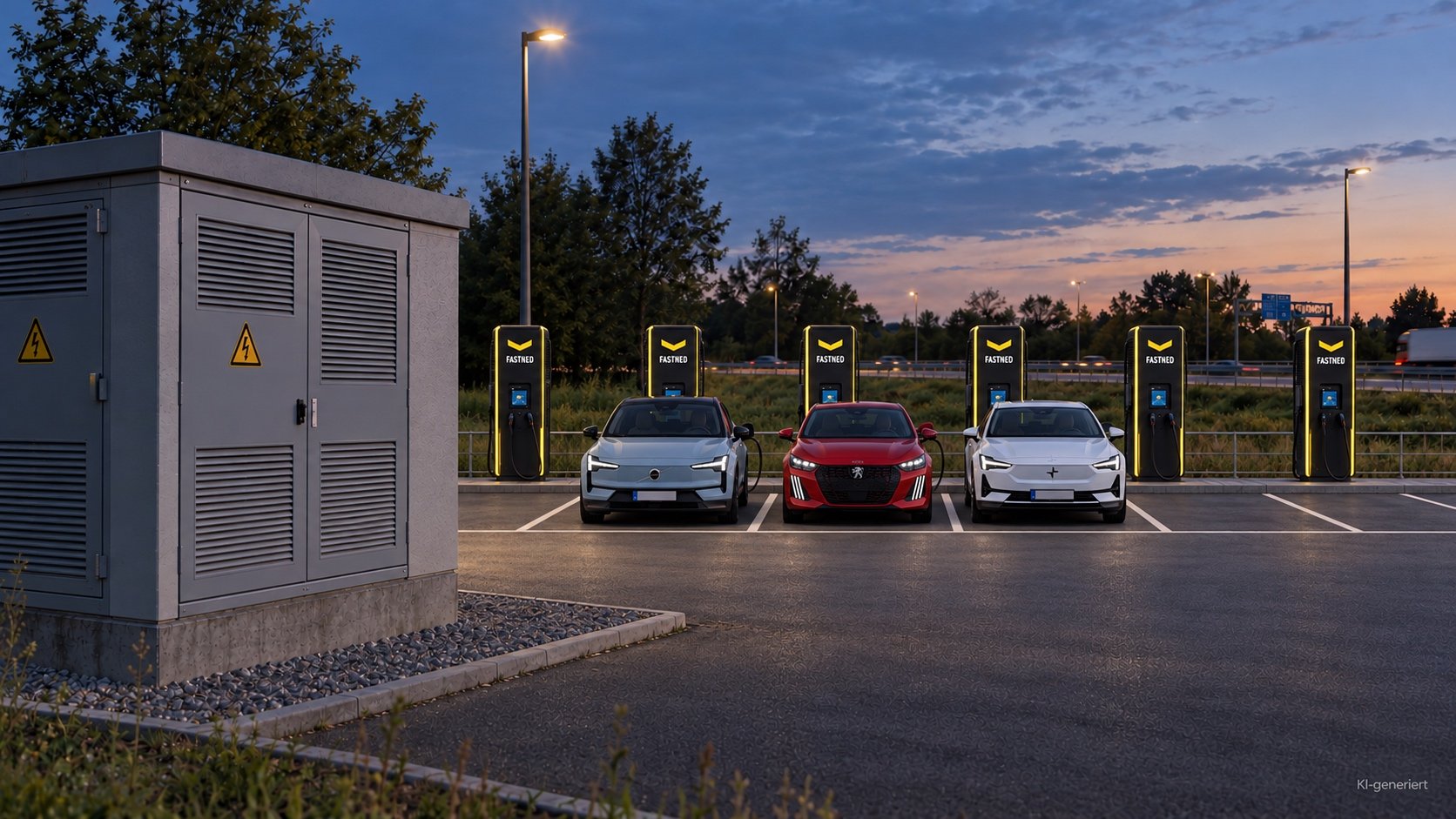 Schnellladepark mit Trafostation im Vordergrund, mehrere E-Autos laden an Ladesäulen