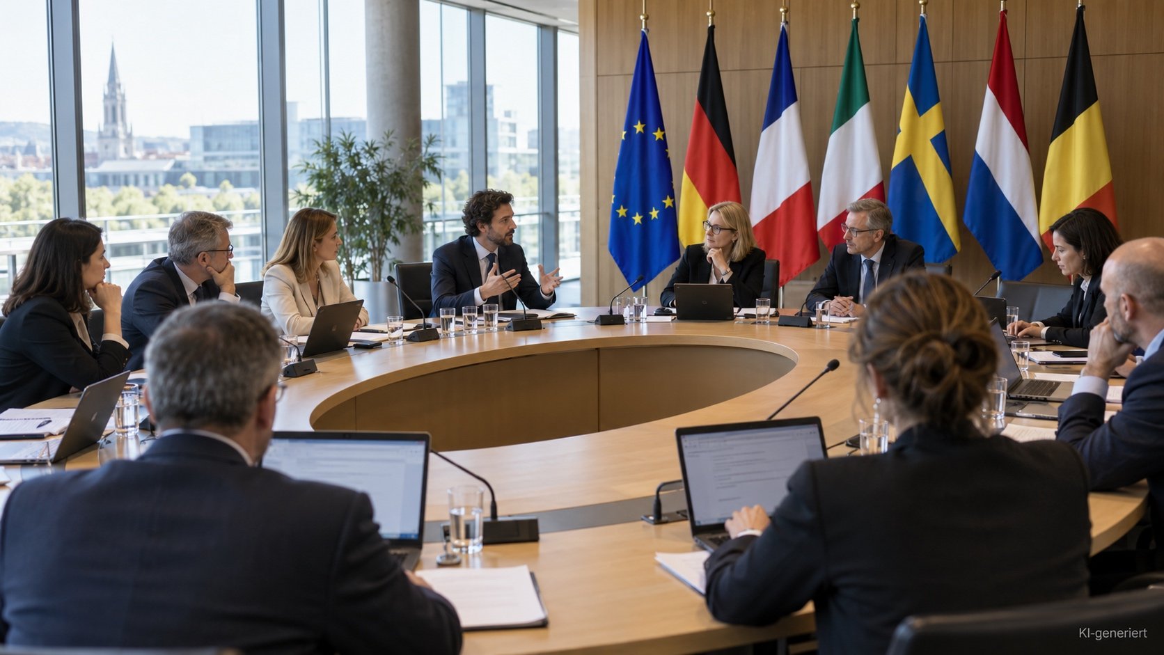 Sitzungssaal eines EU-Ausschusses mit Delegierten der Mitgliedstaaten bei einer Abstimmung