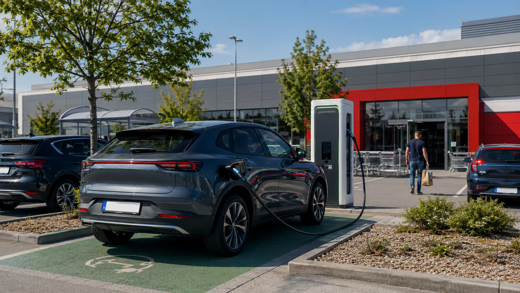 E-Auto lädt an einer Schnellladesäule auf einem Supermarkt-Parkplatz in Deutschland