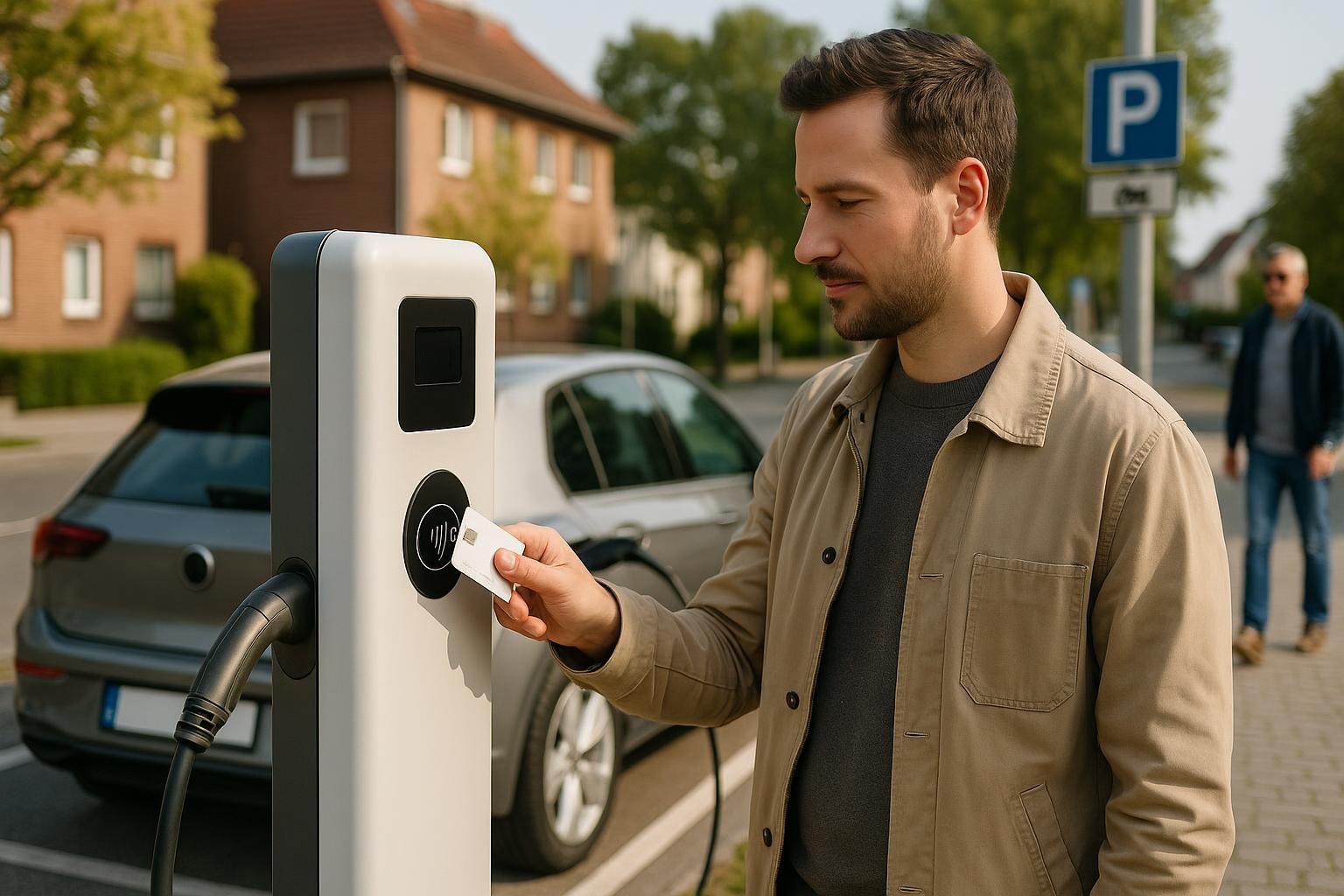 E-Autofahrer zahlt kontaktlos mit Karte an einer &ouml;ffentlichen Lades&auml;ule beim Supermarkt