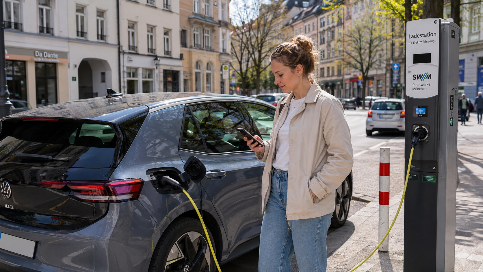 Fahrerin vergleicht Ladepreise per Smartphone-App an einer Ladestation, um ihr E-Auto günstig zu laden