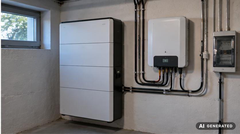 Batteriespeicher an einer Kellerwand neben Wechselrichter