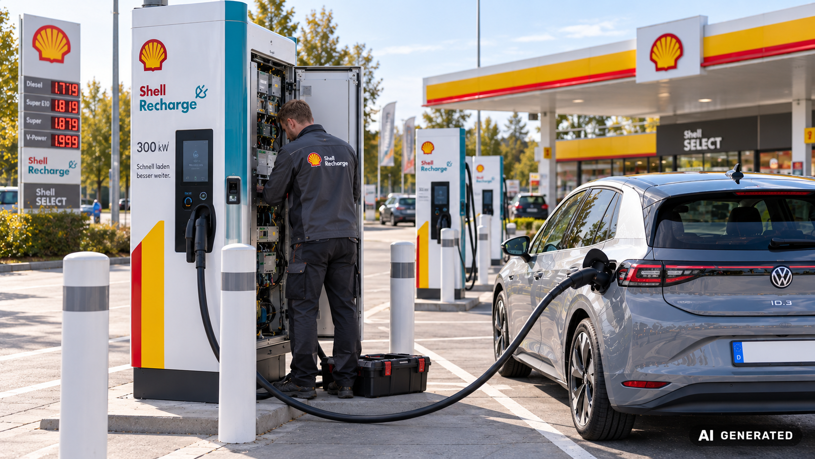  Modernisierter Schnellladepunkt an einer deutschen Tankstelle, E-Auto laedt am CCS-Kabel 