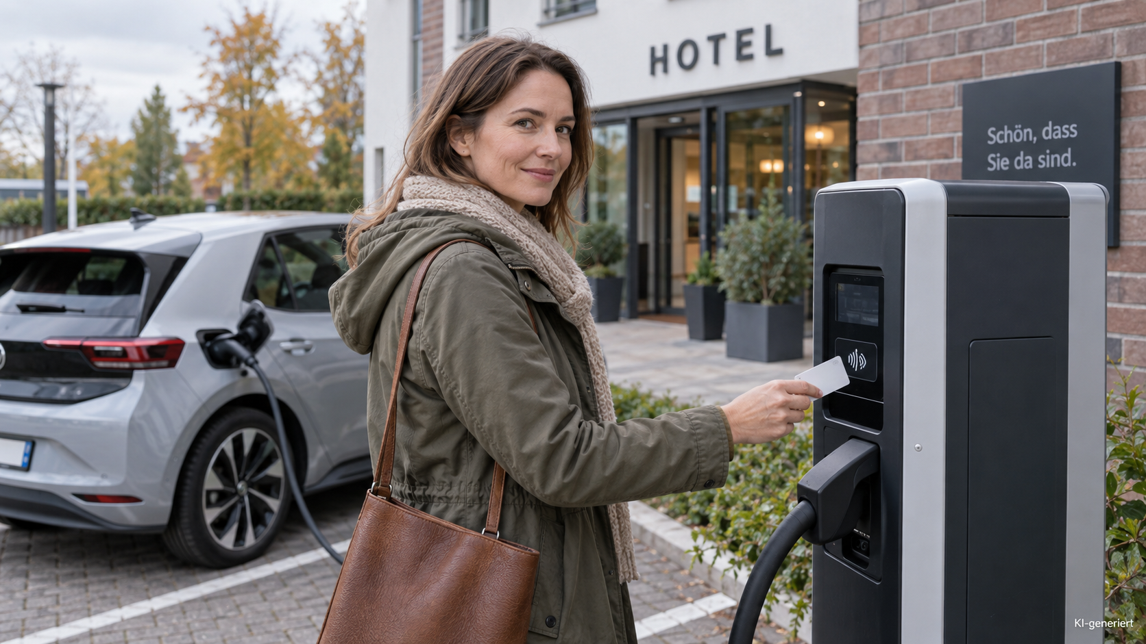 ahrerin hält eine Bankkarte kontaktlos an das Terminal einer Ladesäule am Hotel