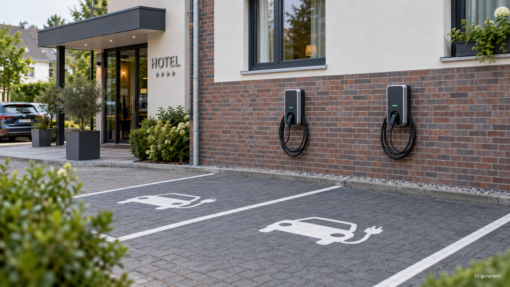 Zwei Wallboxen mit je 22 kW auf einem Hotelparkplatz neben markierten Stellplätzen