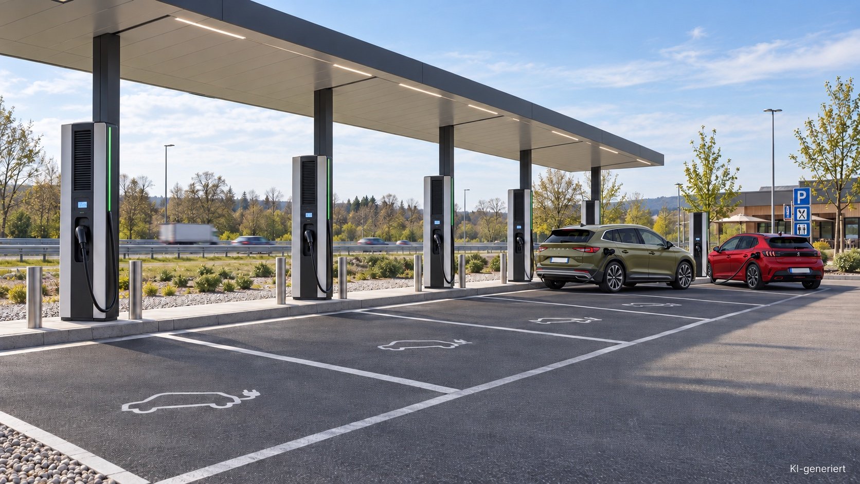 Gro&szlig;er HPC-Ladepark mit mehreren freien Schnelllades&auml;ulen f&uuml;r schnelles Laden