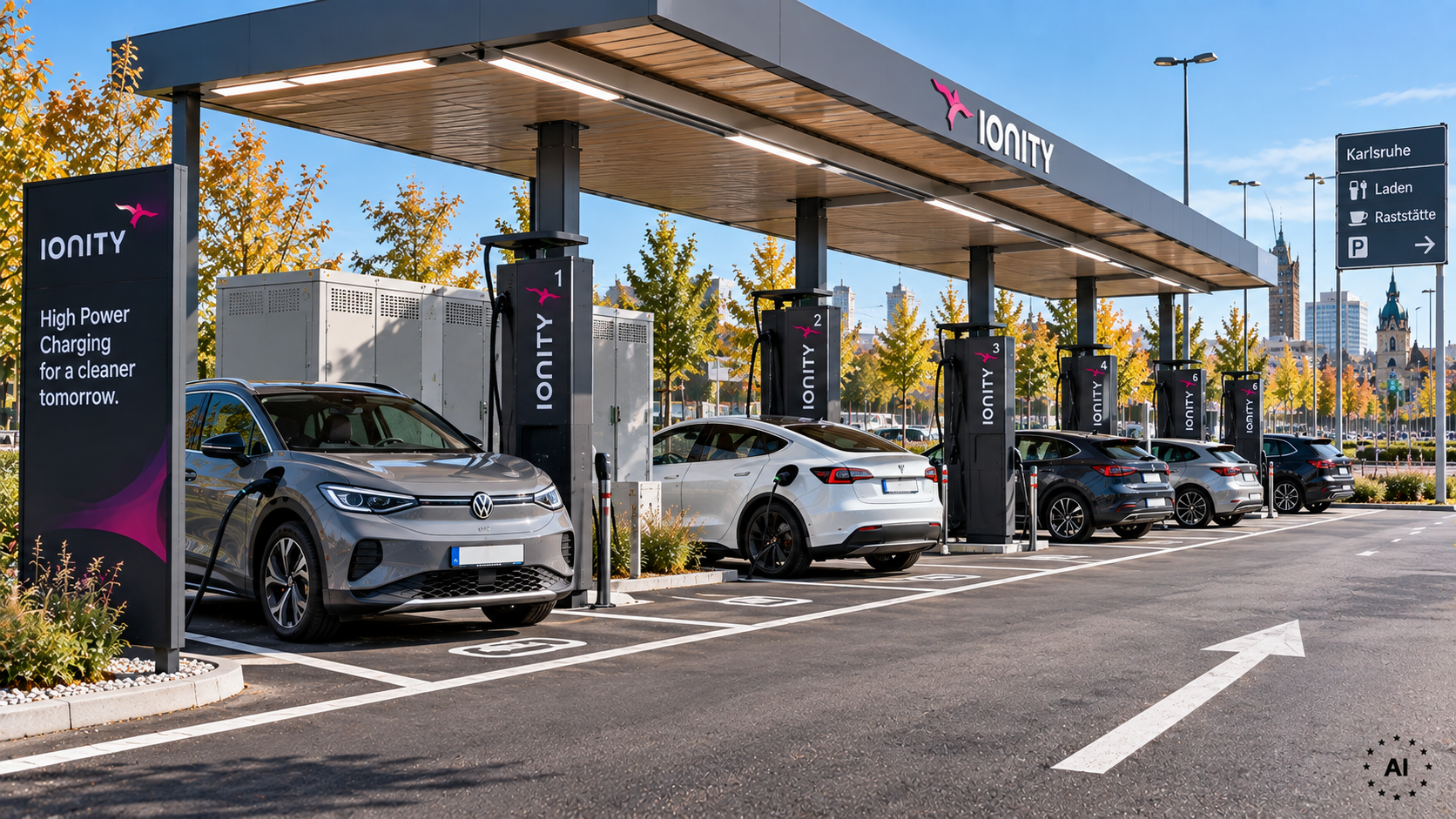 Ionity-Schnellladepark in Karlsruhe mit E-Autos an mehreren Ladesäulen