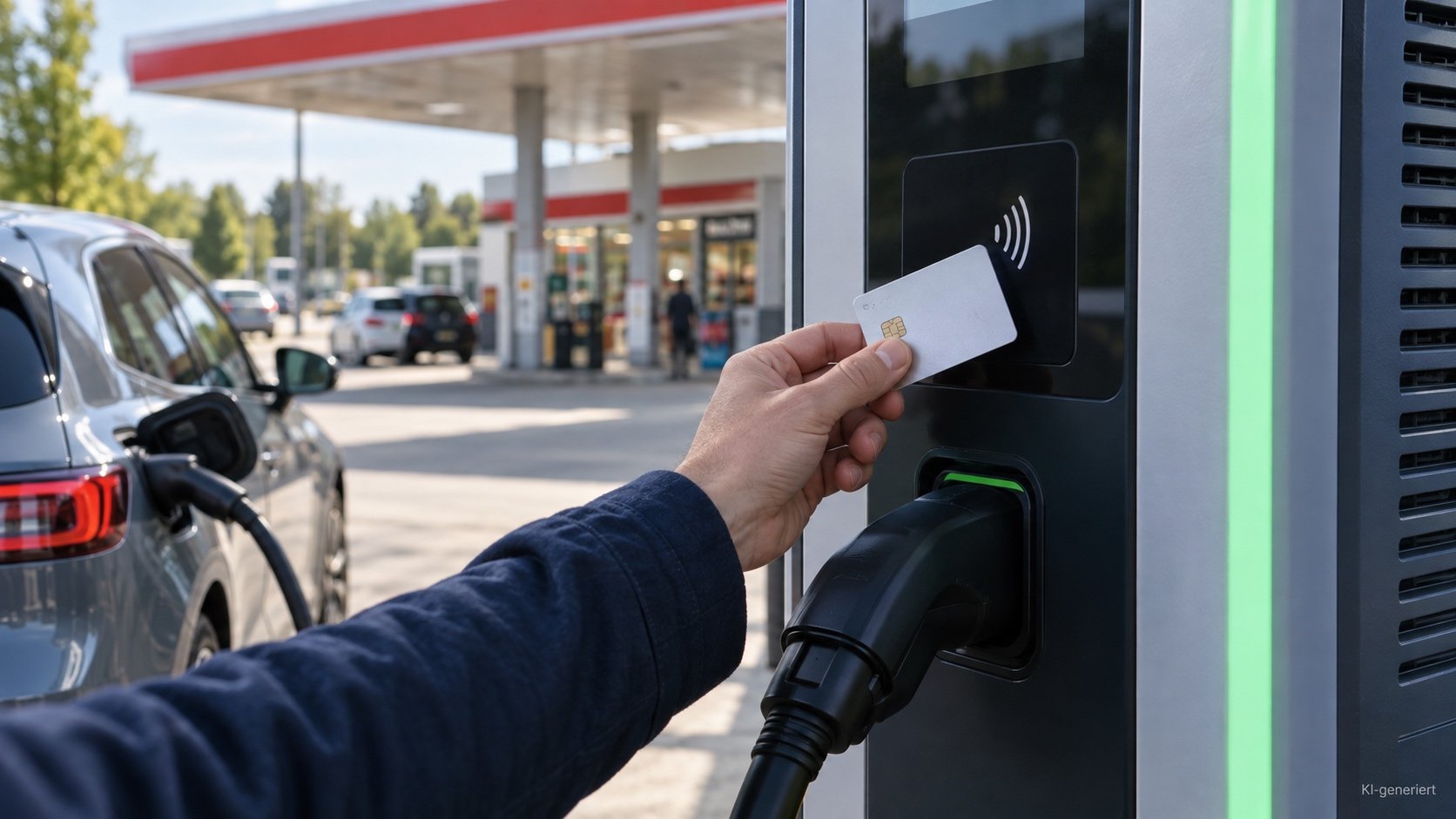 Hand hält eine Bankkarte an das Kartenterminal einer Ladesäule