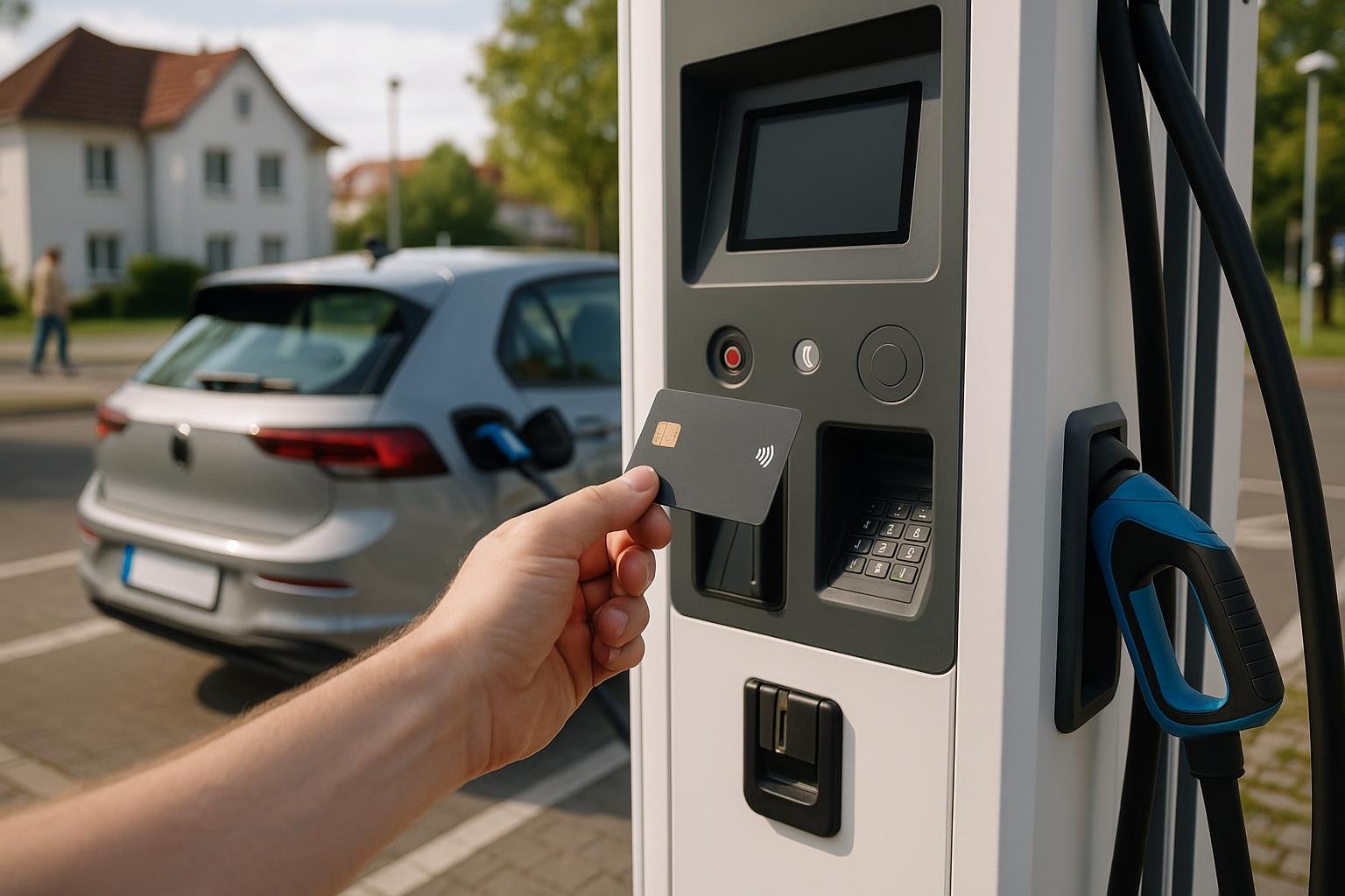 Kontaktlose Kartenzahlung am Bezahlterminal einer Schnelllades&auml;ule