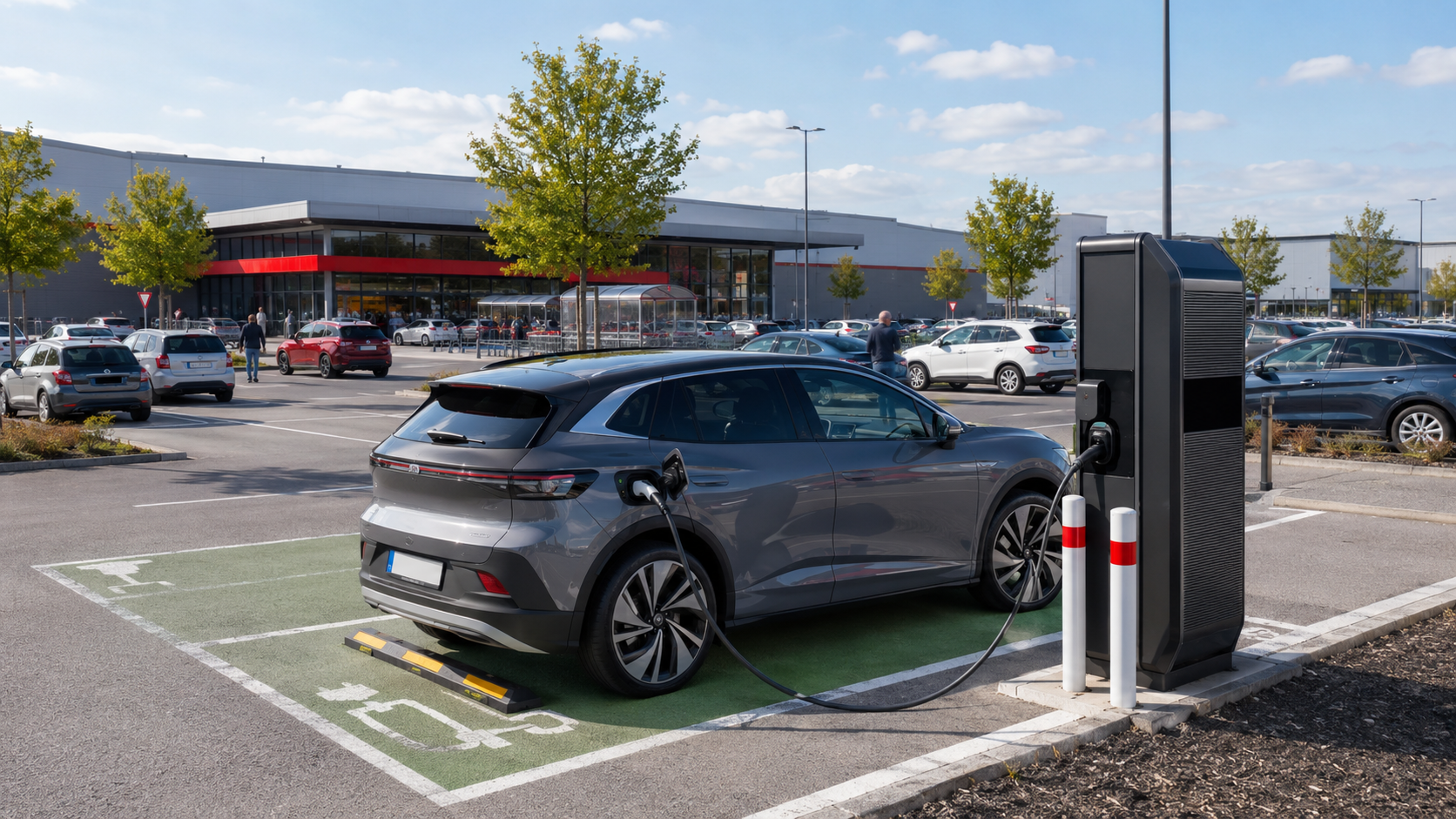 E-Auto lädt auf einem Supermarkt-Parkplatz in Deutschland an einer öffentlichen Ladesäule