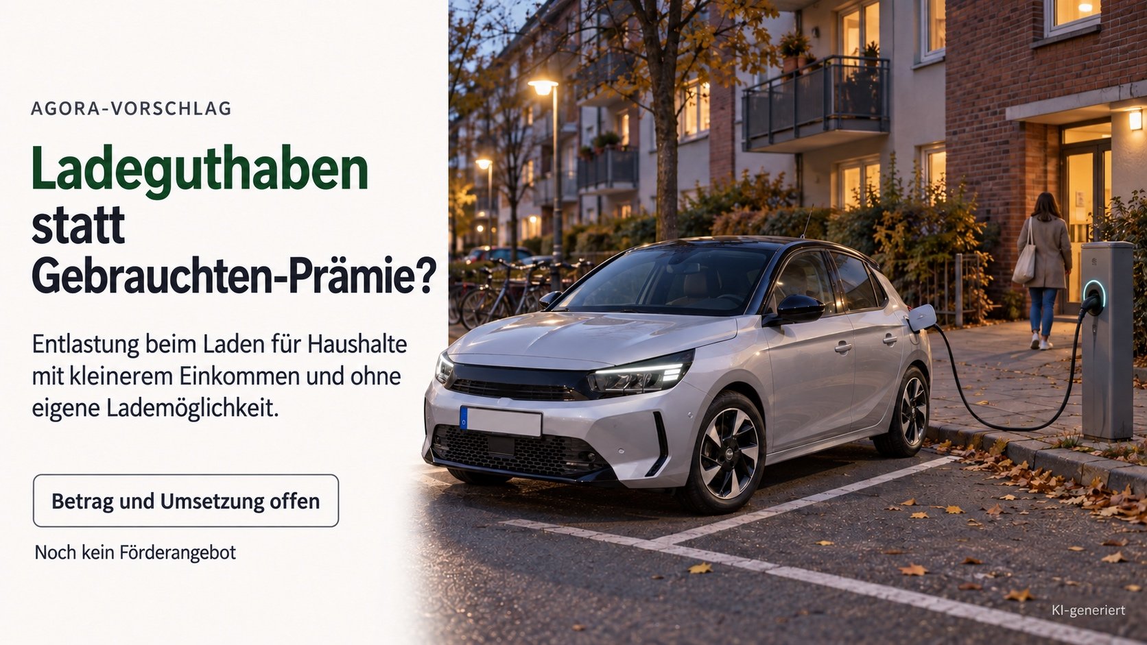 E-Auto lädt abends an einer öffentlichen Ladesäule am Straßenrand, ohne Wallbox