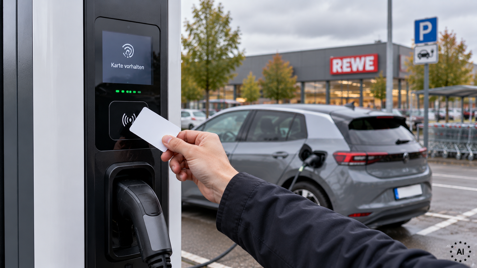 Hand haelt eine RFID-Ladekarte vor das Lesefeld einer Ladesaeule, im Hintergrund ein Kompaktwagen
