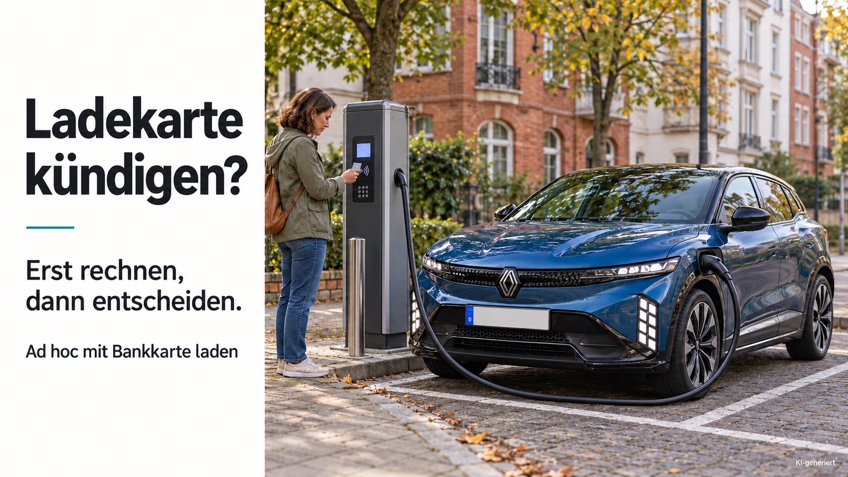 E-Auto lädt an einer öffentlichen Ladesäule, Fahrer bezahlt kontaktlos mit Karte am Terminal