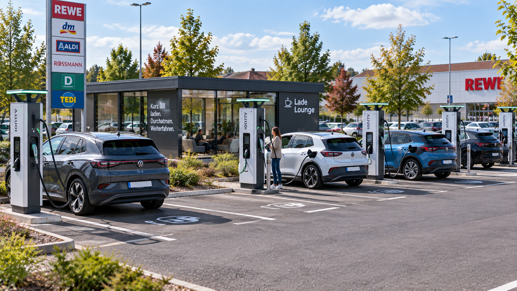 Schnellladepark auf einem Parkplatz in Münster mit mehreren Ladesäulen und ladenden E-Autos