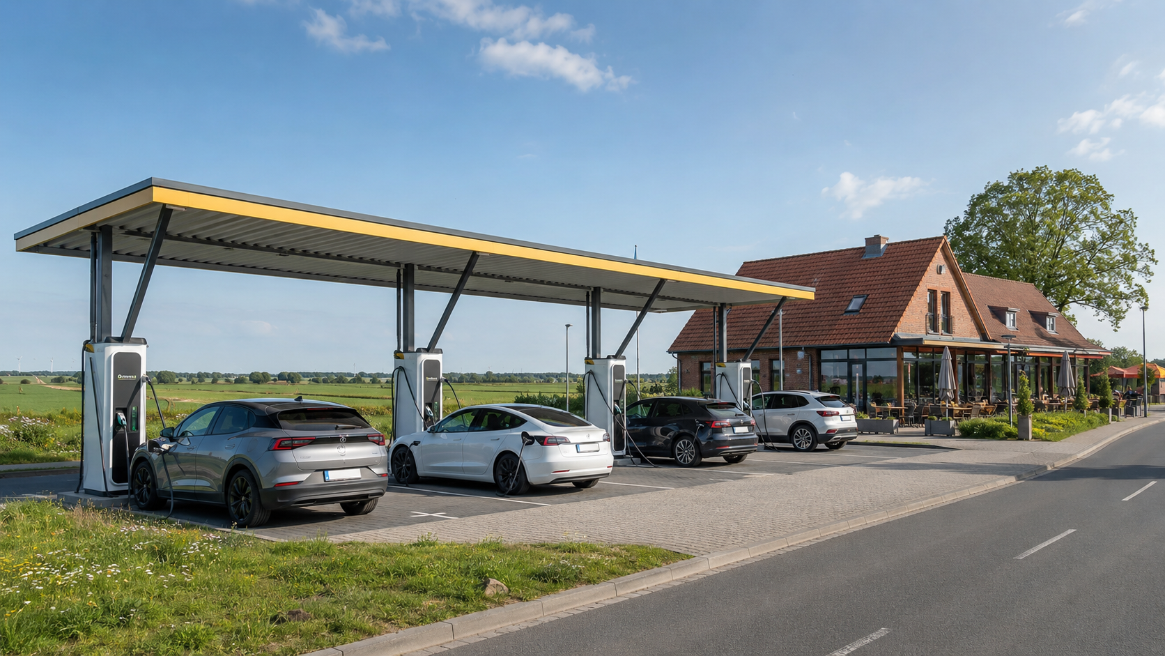 Neuer Ladepark bei Rostock: E-Autos laden an Schnellladesäulen nahe der Autobahn