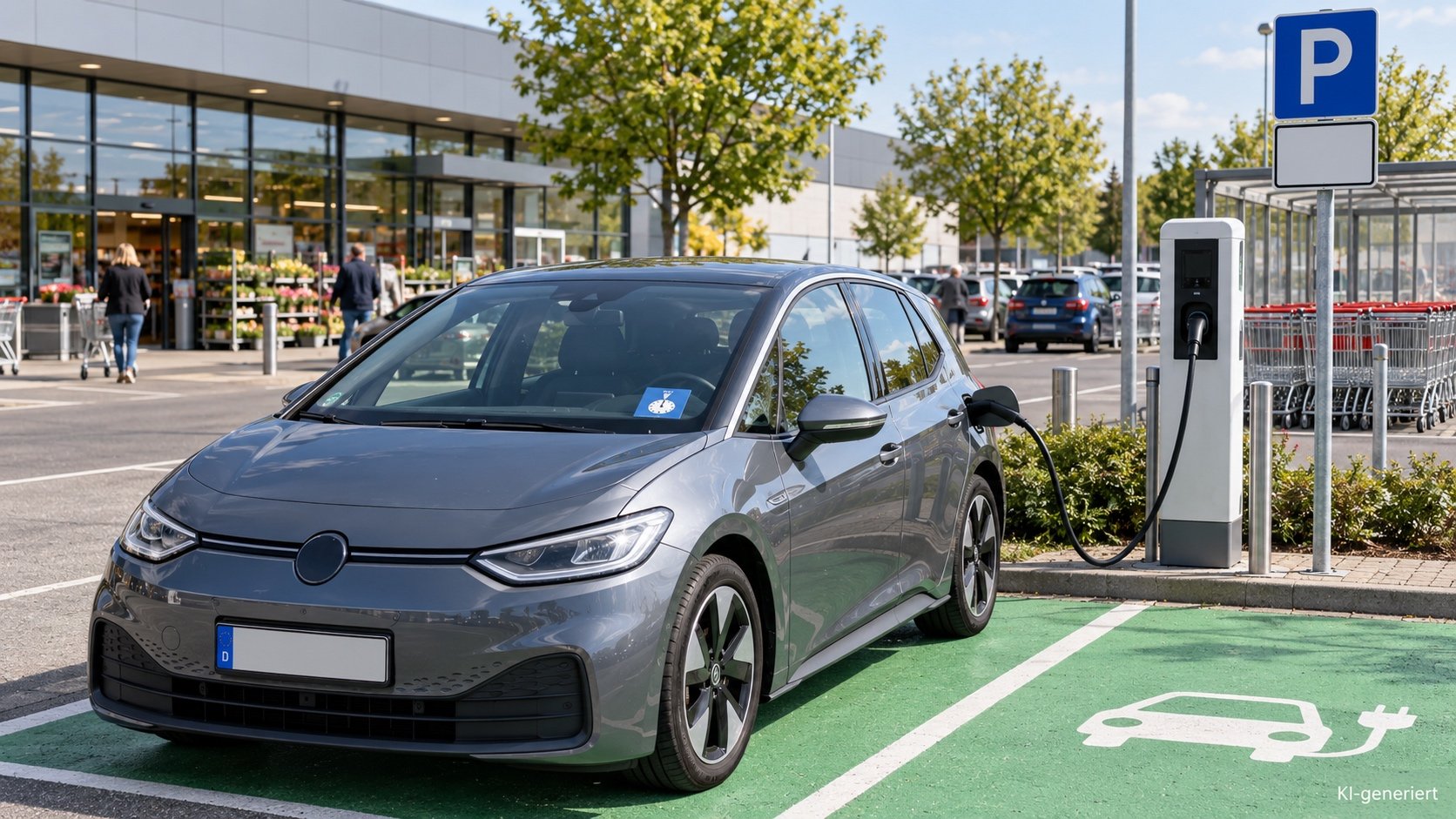Beschilderter E-Ladeplatz auf einem Supermarktparkplatz mit Hinweis auf H&ouml;chstparkdauer