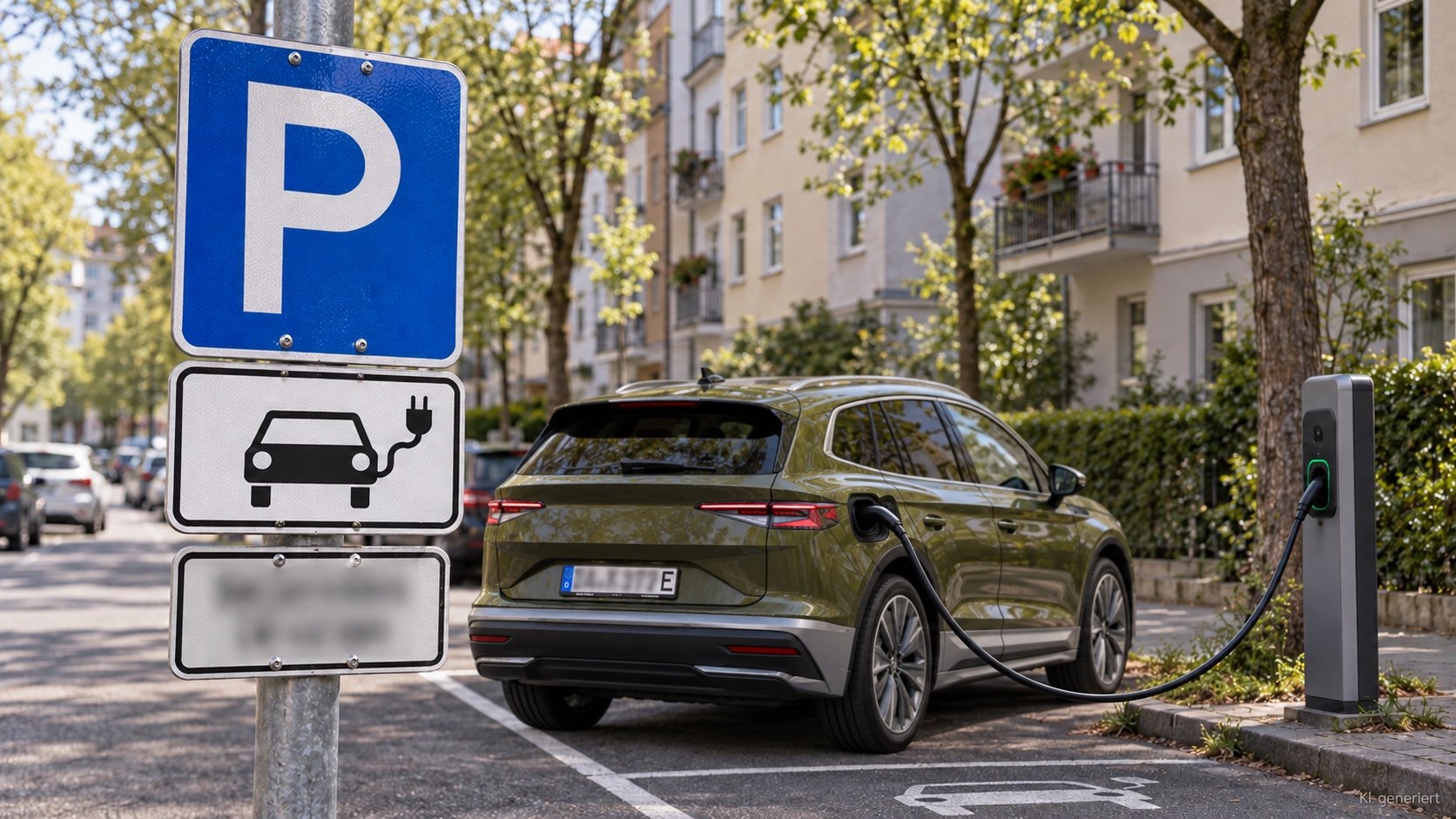 Zusatzzeichen an einem Ladeplatz beschr&auml;nkt das Parken auf ladende Elektrofahrzeuge