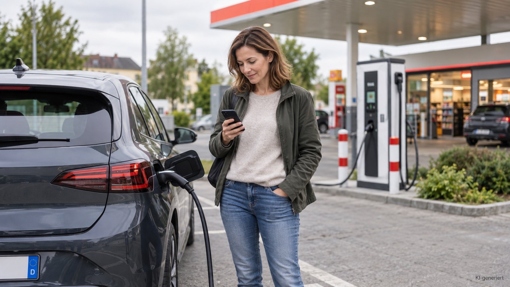 Person prüft auf dem Smartphone die Ladepreise in der Umgebung, im Hintergrund ein Ladepunkt