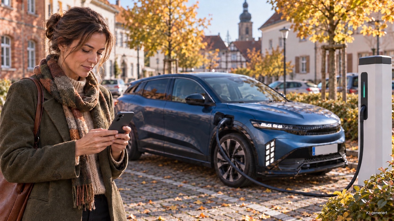 ahrerin vergleicht an einer Schnelllades&auml;ule die Preise auf dem Smartphone