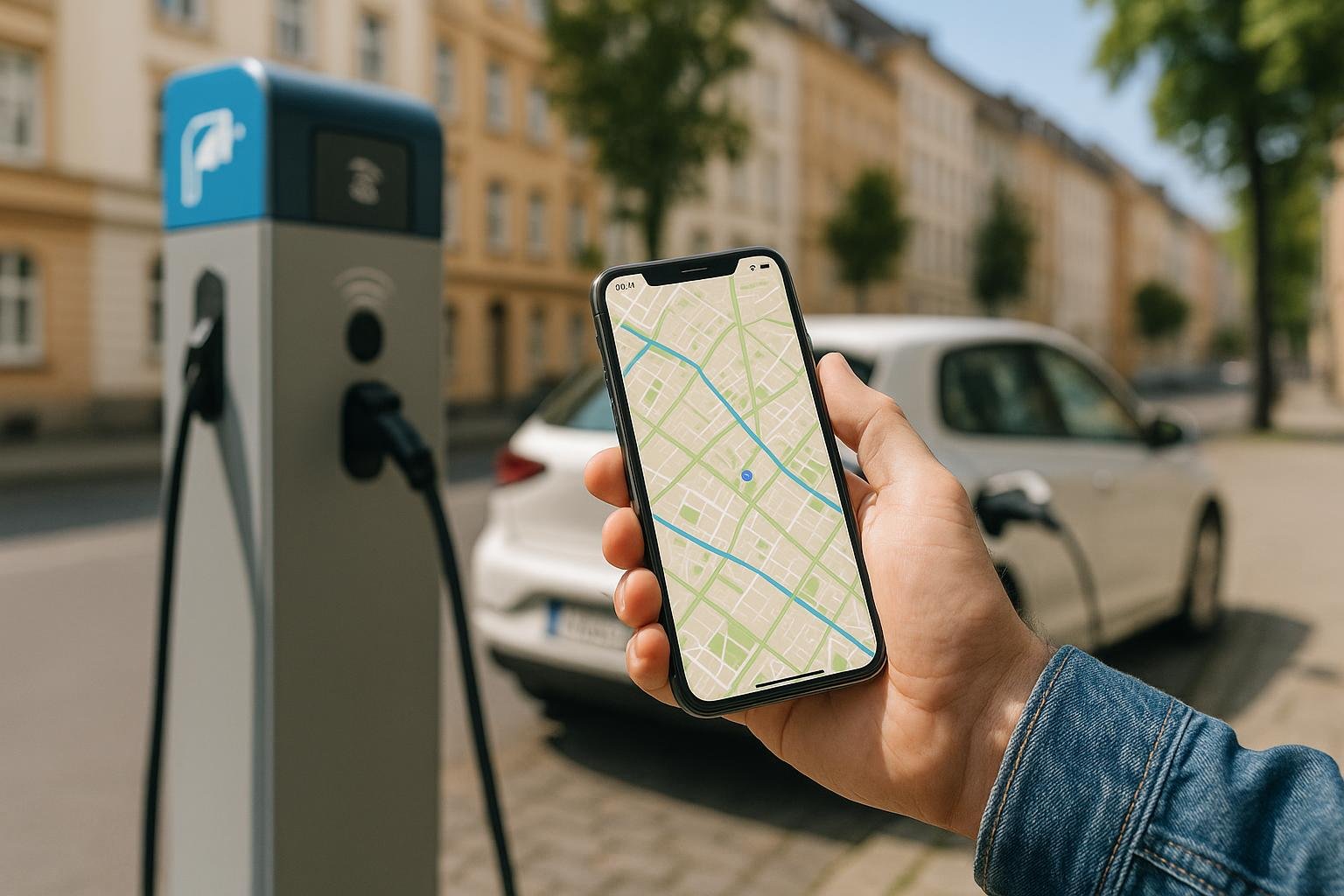 Person vergleicht Ladepreise auf dem Smartphone mit einer Karten-App vor einer Lades&auml;ule