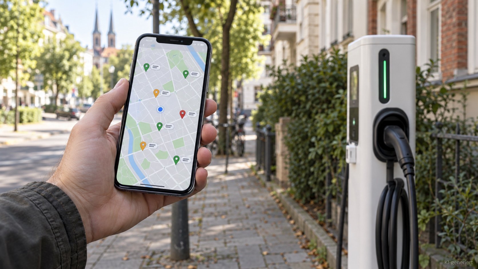 Hand mit Smartphone vor einer Lades&auml;ule, auf dem Display eine Karte mit Ladepreisen