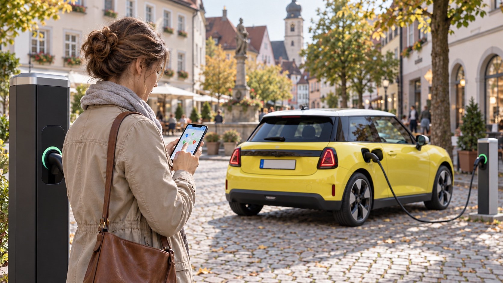 erson vergleicht auf dem Smartphone die Ladepreise an einer Lades&auml;ule