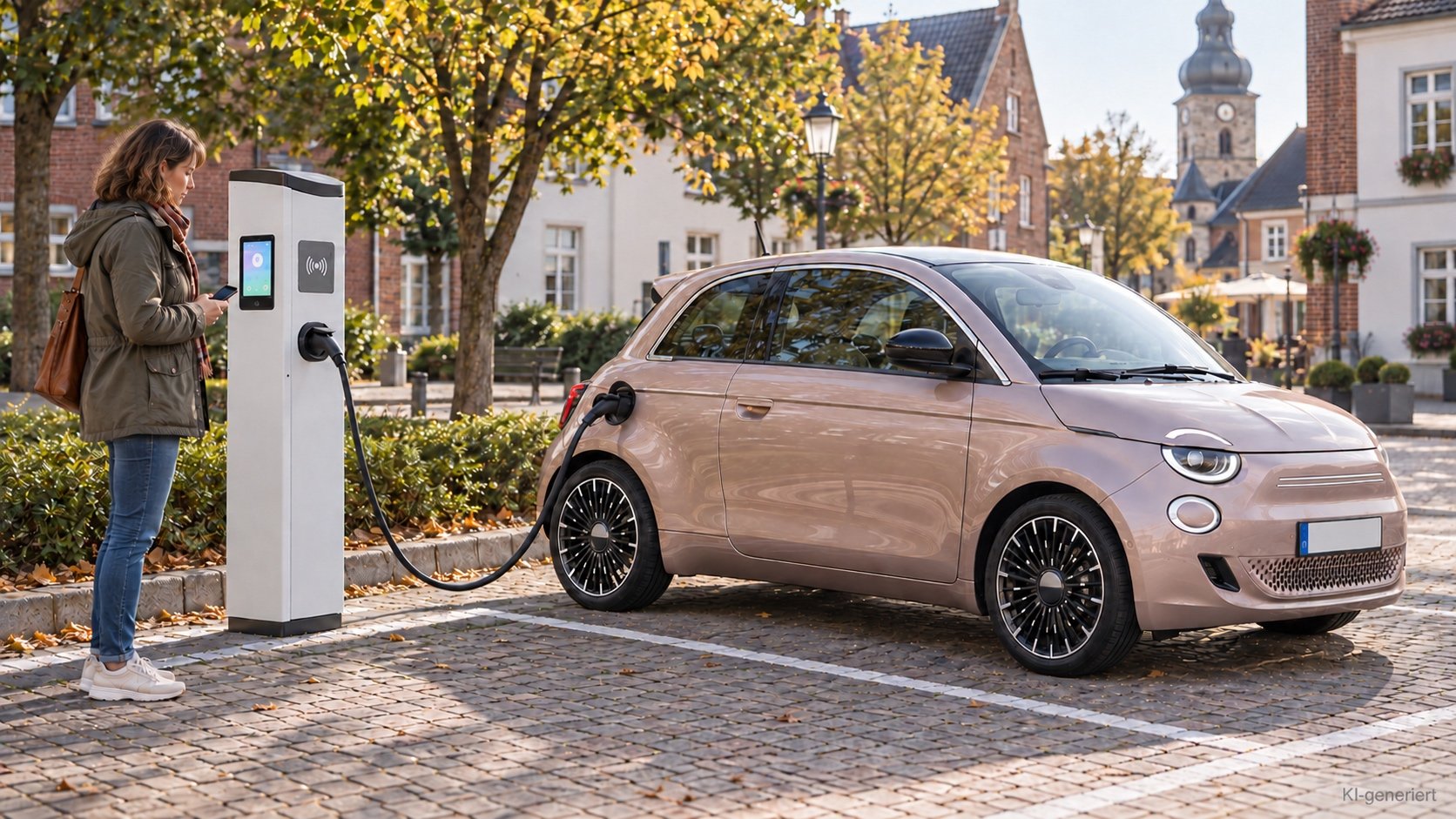 Lades&auml;ule mit Display und Kartenterminal, daneben ein ladendes E-Auto