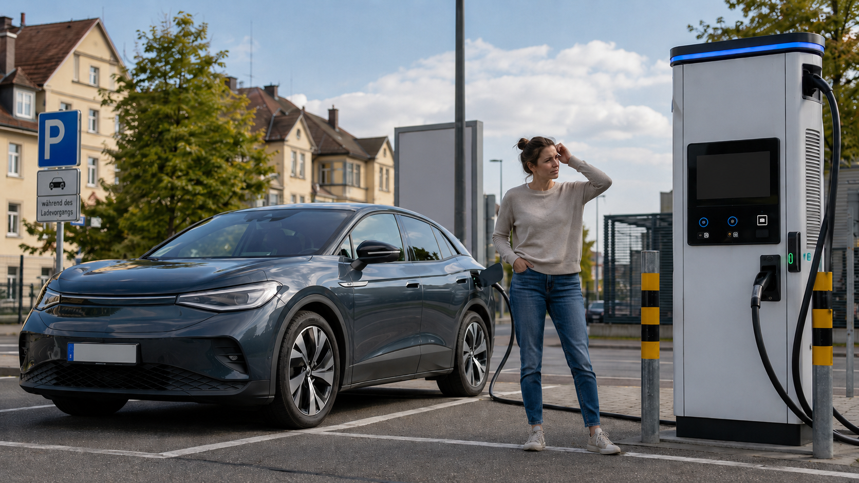 Fahrerin prüft das Display einer Schnellladesäule, weil ihr E-Auto nicht lädt