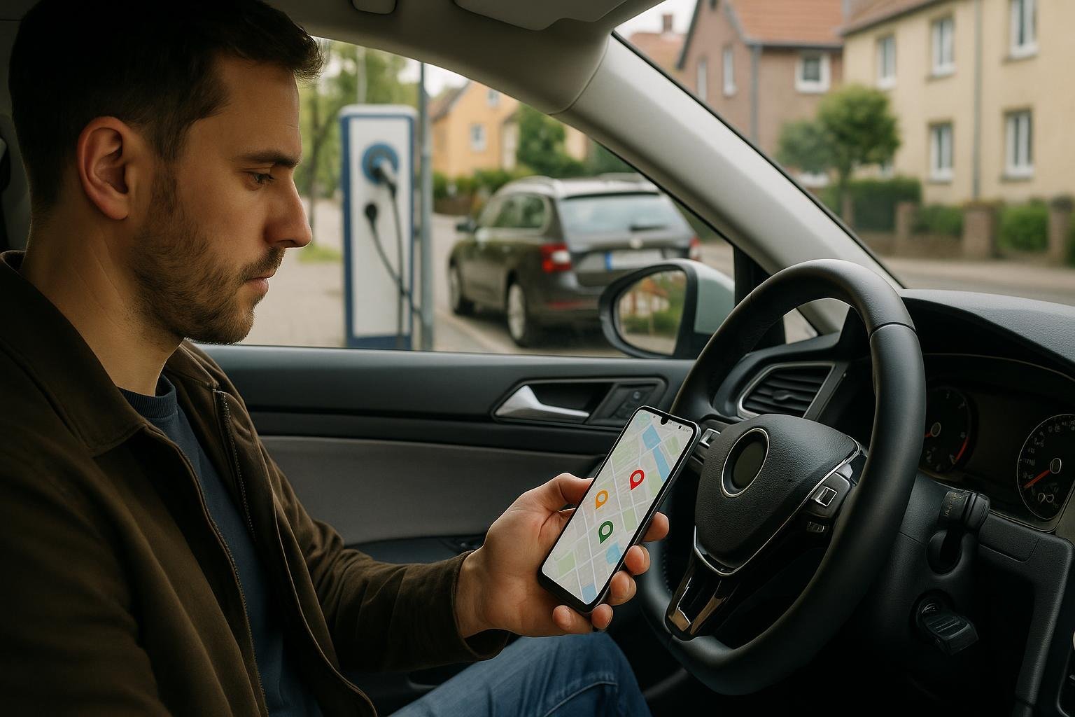 Autofahrer pr&uuml;ft auf dem Smartphone eine Karte mit freien Lades&auml;ulen in der N&auml;he