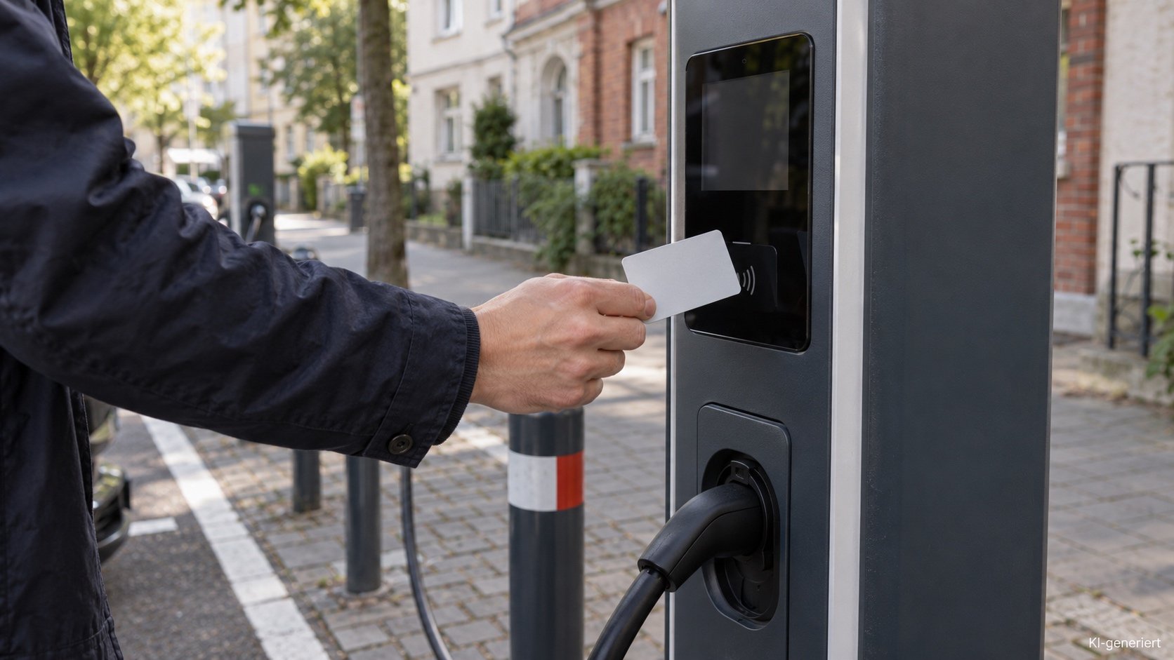  Hand h&auml;lt eine kontaktlose Kreditkarte an das Bezahlterminal einer &ouml;ffentlichen Lades&auml;ule 