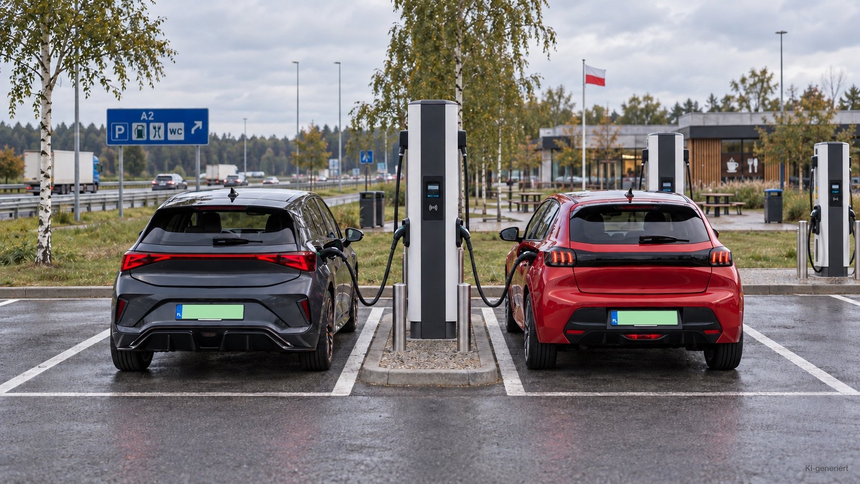 Ladesäulen auf einem polnischen Autobahn-Rastplatz mit zwei angeschlossenen E-Autos